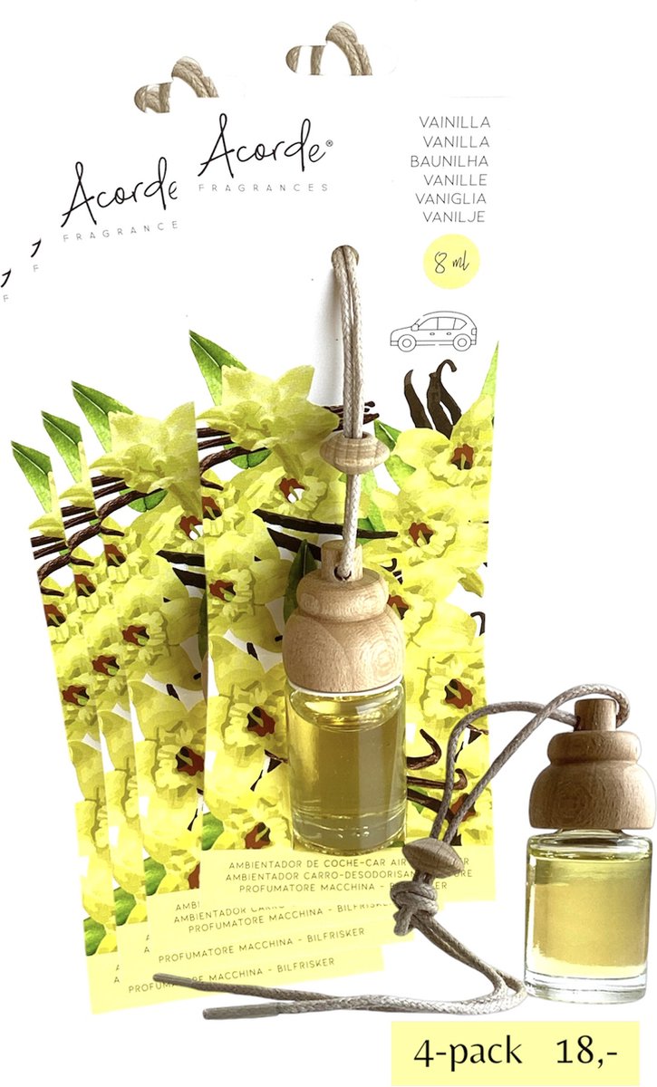 Goedkoopste Autoparfum 4x - Vanille - 8 ml - Hanger - Hangers - Verfrisser - Luchtverfrisser - Geurverfrisser - Autogeur - Parfum - Geur - Hout - Houten - Geurflesje - Fles - Flesje - Flesjes - Glas - Glazen - Klein - Kleine - Geel - Auto