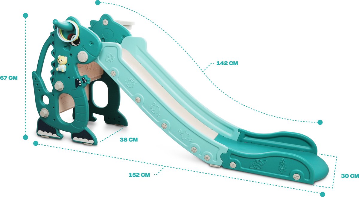 Rockerz Premium Glijbaan - Voor binnen en buiten - Speelplezier gegarandeerd - Opvouwbaar - Veilige dichte trap - Ringen spel - Basketbal ring (inclusief bal) - Muziek beertje - Kleur: Groen — afbeelding 2