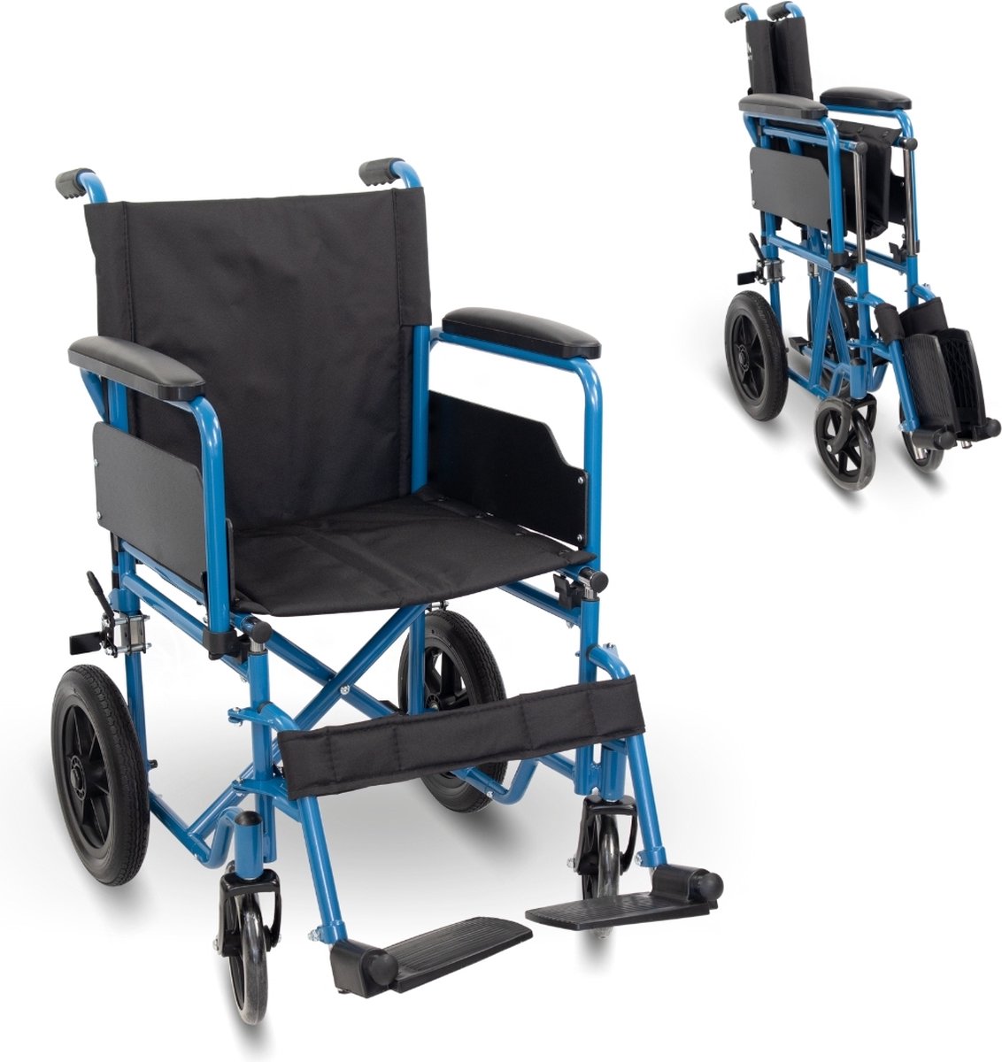 Goedkoopste Mobiclinic Marsella - Rolstoel - Vouwrolstoel - Wielen met snelsluiting en drukknop - Stevig - Zitting 46cm - Inklapbare voetsteun en armleuningen - Remhendel - Blauw