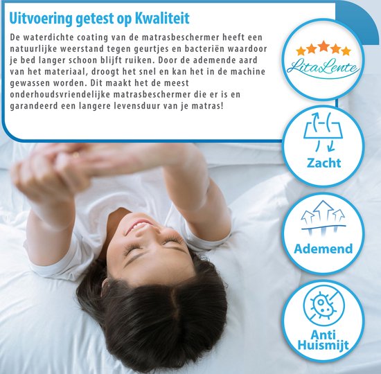 Vrouw op een wit bed. LitaLente® matrasbeschermer met waterdichte coating. Zacht, ademend en anti-huismijt.