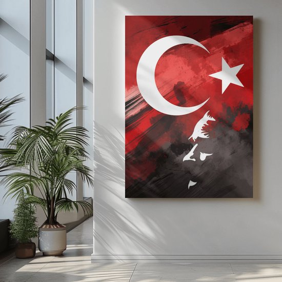 Canvas Schilderij - Turkse Vlag - Ataturk Silhouet - 60x40x2 cm