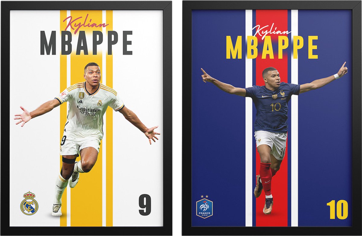 Kleurmedia Kylian Mbappé poster Duo Collection - 2 stuks - Nationaal team & Real Madrid - Geschikt om in te lijsten - 2 Luik - Voetbal Poster - Mbappe | 43.2 x 61 cm (A2+) - Voetbal geschenk