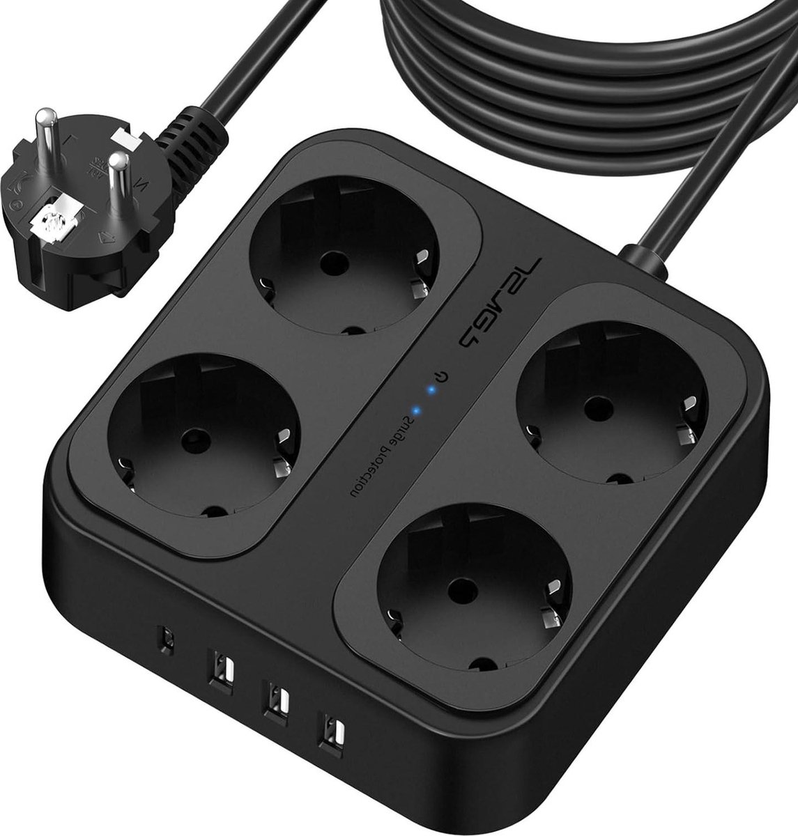Verlengsnoer 4 voudige USB-stekkerdoos met USB A en USB C - zwart - 5 meter
