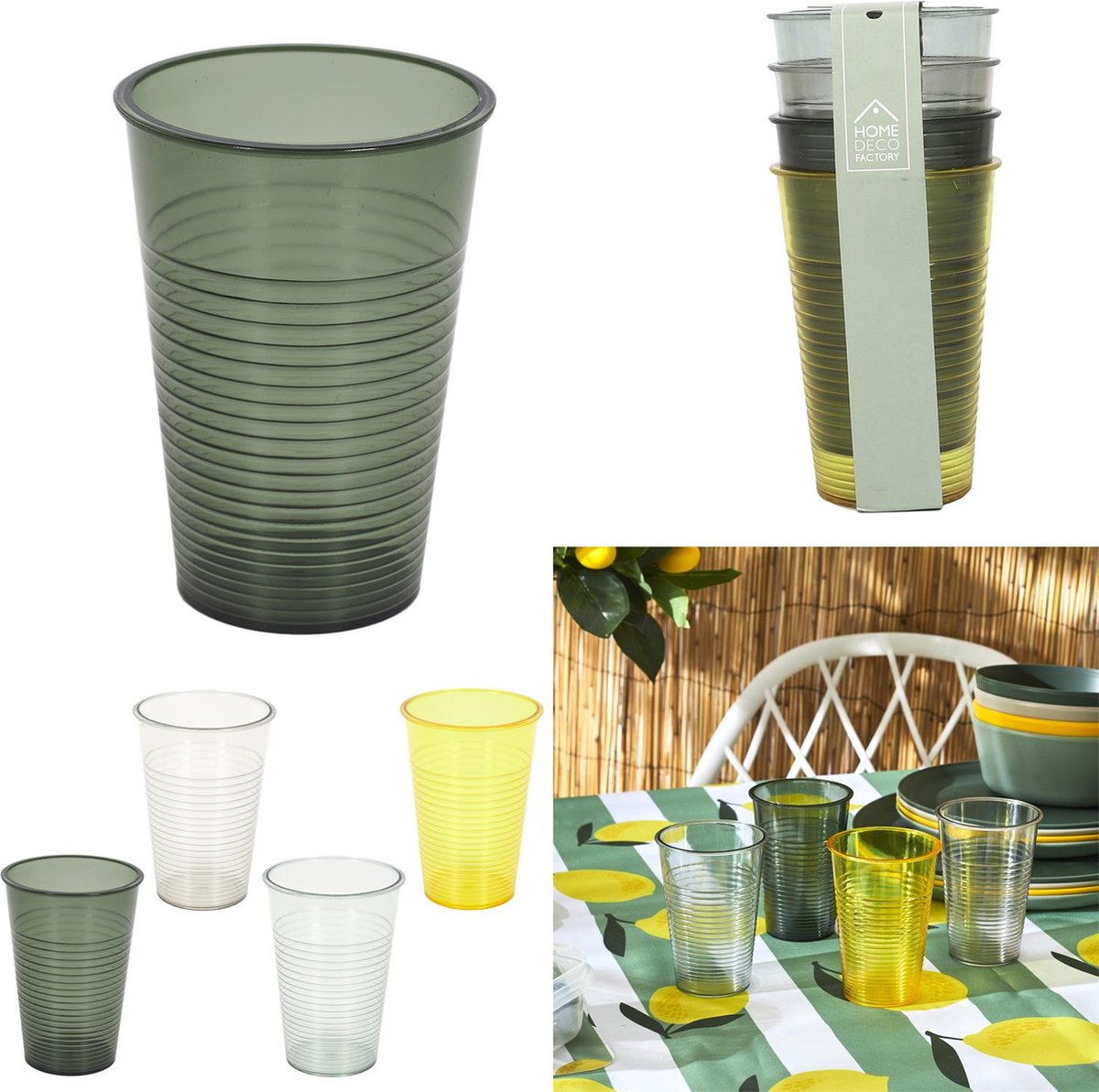 Set van 4 Transparante Kunststof Bekers – Herbruikbaar – In Gele, Groene en Grijze Kleuren – Stapelbare Drinkglazen voor Picknick en Outdoor Feestjes – 20 cl.