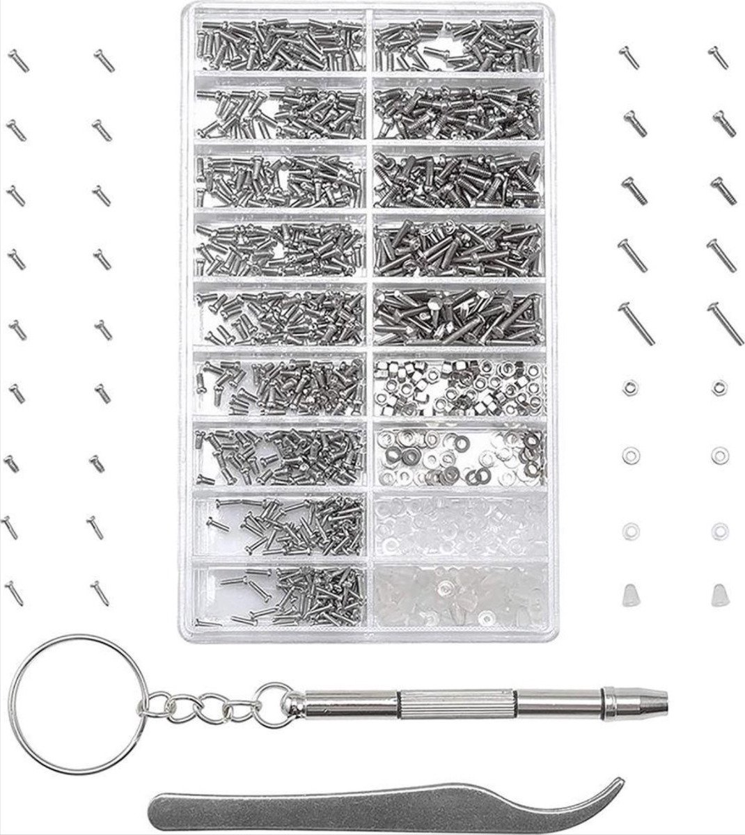 Finnacle - Schroevenset - Micro-Schroevenset - Brilschroefjes - Mini schroefjes set - Tools voor Brilreparatie - 1000-stuks - Roestvrij-Staal - Universeel