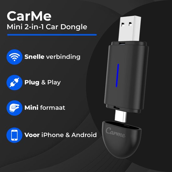 CarMe Mini 2-in-1 CarPlay Dongle - USB-A & USB-C - Draadloos CarPlay & Android Auto - Android Auto Dongle - Zwart