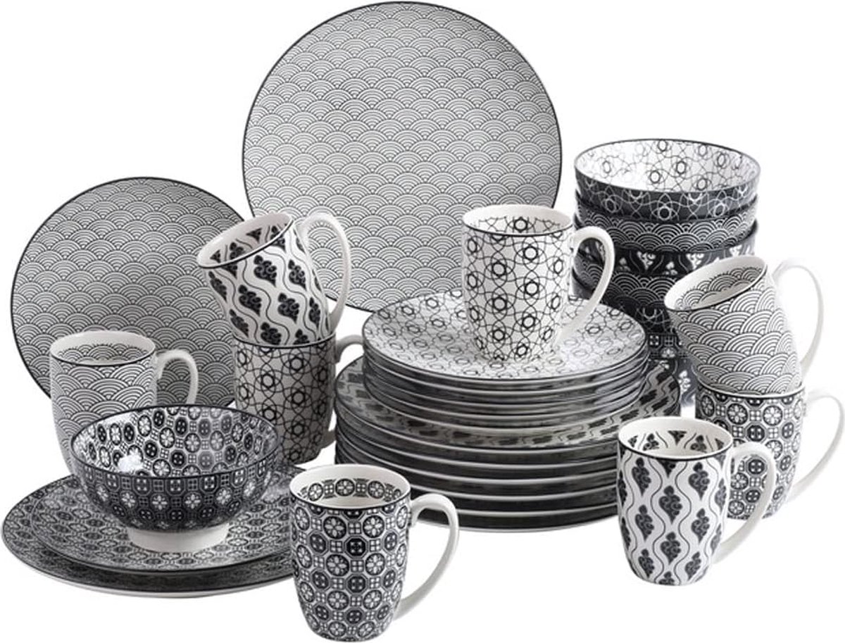 Luxe Serviesset – 32 delig – 8 persoons – Porselein - Bordenset – Dinner platen – Dessertborden - Kommen - Schaaltjes - Wit - Zwart