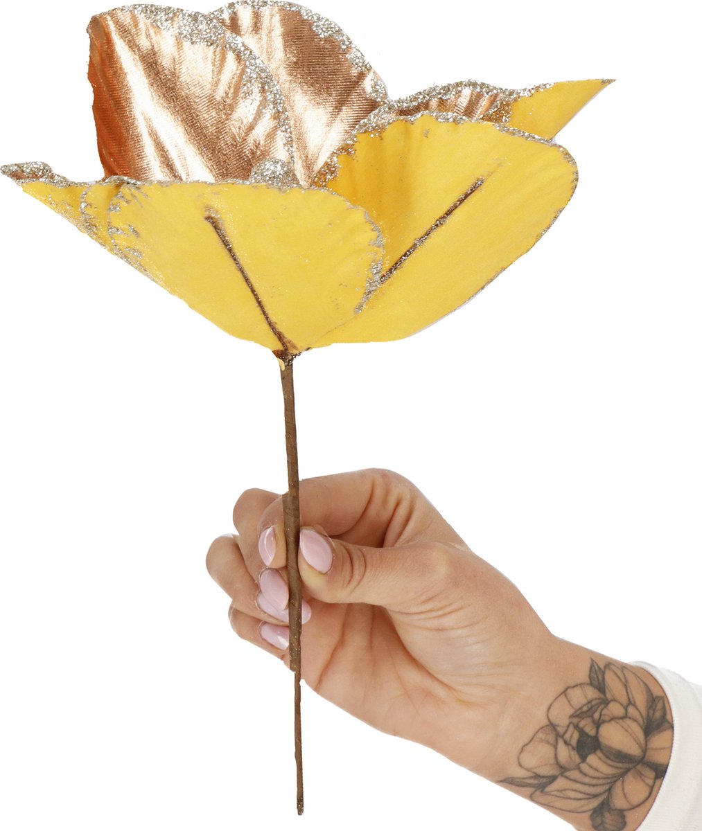 springos Kunstbloem - Magnolia Kunststof -Goud- Glitters