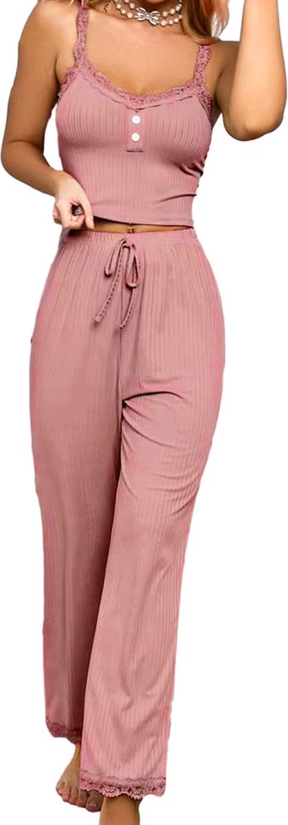 Boncy® Pyjama Set Dames Roze - Pyama Nachtkleding Volwassenen - Flanel Nachthemd Pyjamabroek Meisje - Maat S