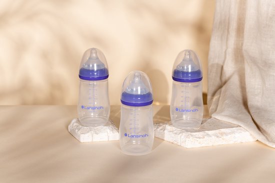 Drie Lansinoh babyflessen van 240 ml met paarse ring en Natural Wave speen, staand op decoratieve stenen.