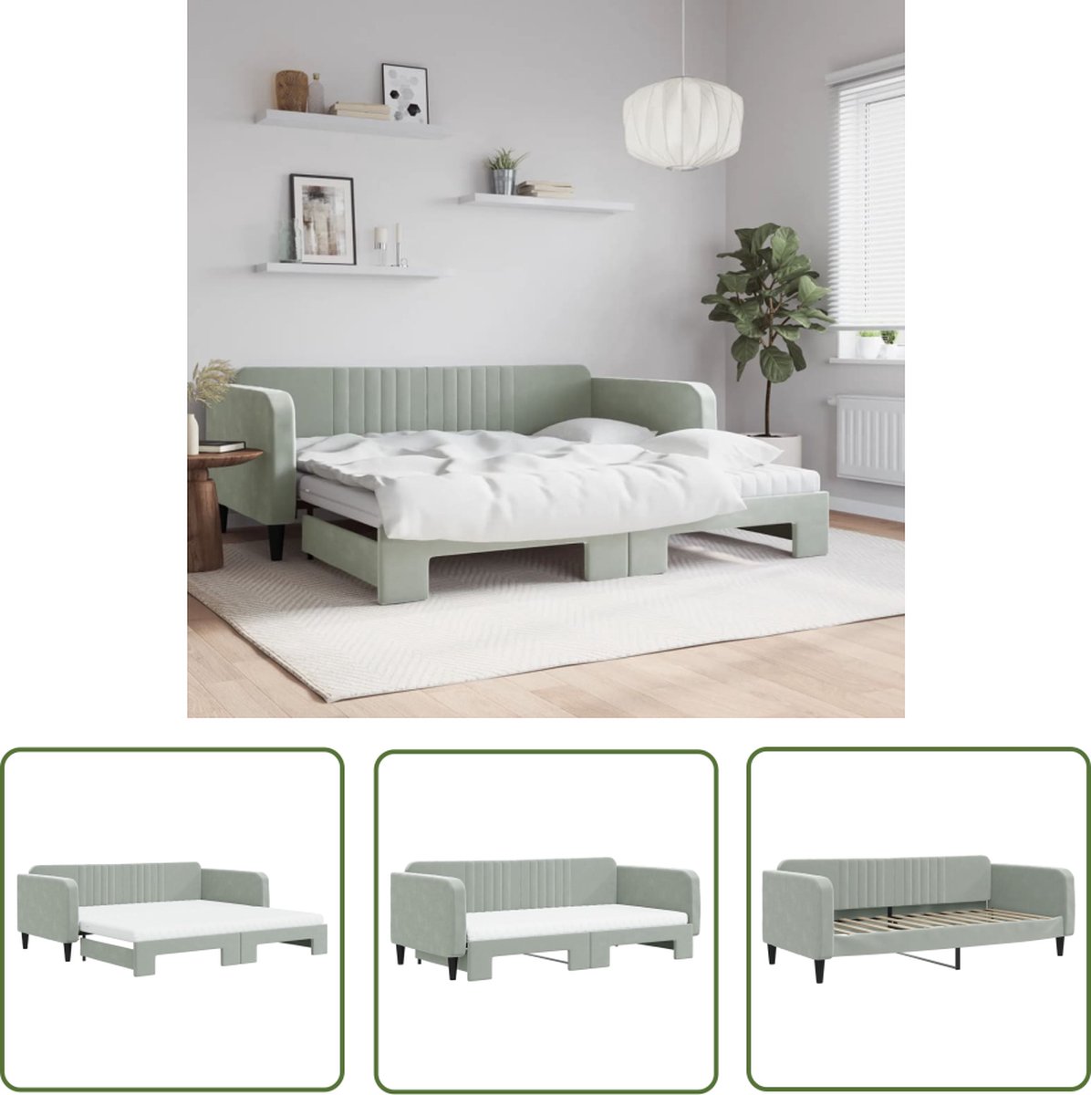 The Living Store Slaapbank 2-in-1 - Lichtgrijs - 223x110x75cm - Comfortabel schuimmatras - Fluweel