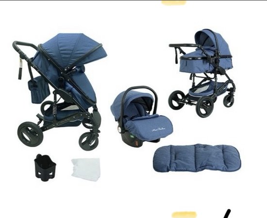 Blauwe 3-in-1 kinderwagen met reiswieg, autostoel, voetenzak en bekerhouder.
