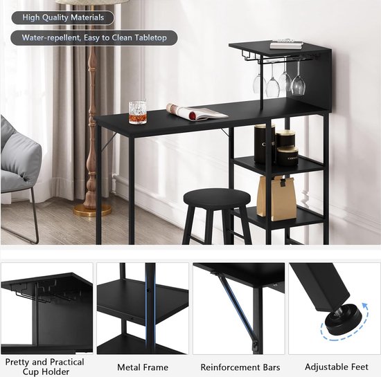 GOKHOMX Bartafel met 4 krukken, set hoge bartafel met 4 krukken, eettafel voor bar, hoge kruk, tafel voor keuken en stoelen, ruimtebesparend, voor huis, keuken, taverne, zwart GOKHOMX Bartafel met 4 krukken, set hoge bartafel met 4 krukken, eettafel voor bar, hoge kruk, tafel voor keuken en stoelen, ruimtebesparend, voor huis, keuken, taverne, zwart