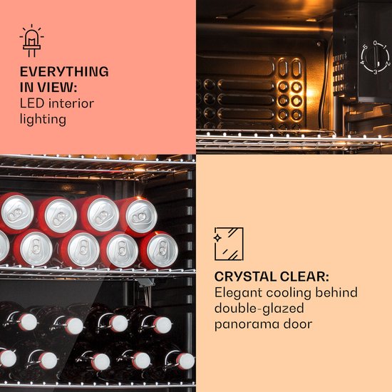 Klarstein Drankkoeler XXL minikoelkast met glazen deur en ledverlichting, minikoelkast voor op de kamer, kleine met 3 schappen, kleine koelkast van 80 liter, koelkast voor binnen en buiten, stil en weerbestendig, 3-10 °C - Drankkoelkast - Touch van Merkloos — afbeelding 3