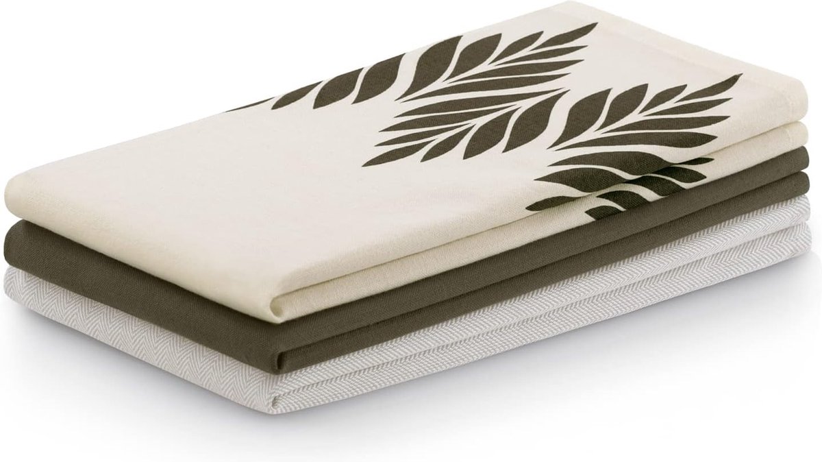 Set van 3 Keukenhanddoeken Katoen 50 x 70 cm Met Bladerenpatroon Beige Bruin
