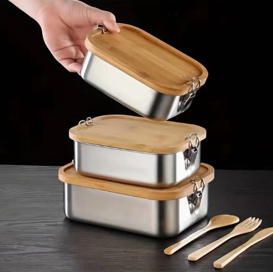 Dutchers.® Duurzame RVS Vershoudbakjes met Bamboe sluitdeksel 1400 ml - Brooddoos - Roest vrij staal Lunchbox - Hermetic Lunch Box - Meal Prep Bakjes - Broodtrommel Groot - Food Storage Containers