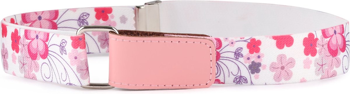 Ladeheid Kinderriem - Riem - Broekriem - Verstelbaar - Polyester - LA-TG-P15 - Weiß/Rosa/Blumen - 5-12 Jahre