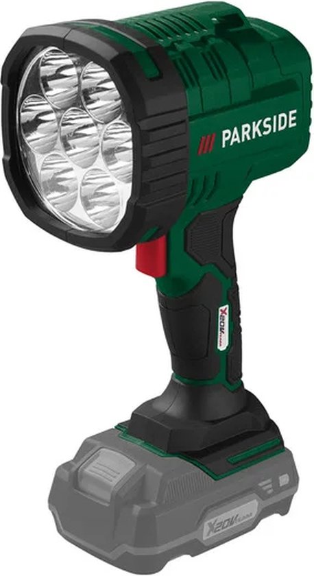Lampe portative LED sans fil PARKSIDE® 20V sans batterie - Température de couleur : Blanc froid (6500 K) - Niveaux de luminosité : 1000 lm / 2500 lm - LED puissante avec 2 niveaux de luminosité réglables et mode clignotant