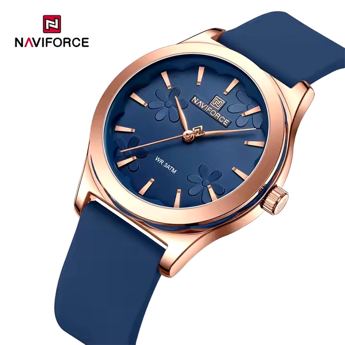 NAVIFORCE horloge met blauwe siliconen polsband, blauwe wijzerplaat en rosé gouden horlogekast voor dames met stijl ( model 5051 RGBEBE )