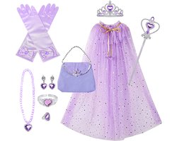 Loha-party®11 stuks Princes verkleed set-verkleedcape-paars jurk-Carnaval kleeding-verjaardag cadeau-kinder cadeau kit- jurk-Prinsessencape-Crown-Wand-Handschoenen-Oorbel-Ring-armband-handtas-verjaardag-feestartikelen-accessoires-11stuks