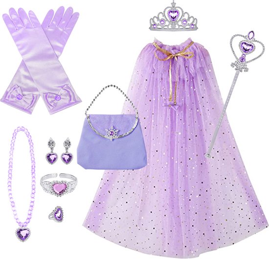 Loha-party®11 stuks Princes verkleed set-verkleedcape-paars jurk-Carnaval kleeding-verjaardag cadeau-kinder cadeau kit- jurk-Prinsessencape-Crown-Wand-Handschoenen-Oorbel-Ring-armband-handtas-verjaardag-feestartikelen-accessoires-11stuks