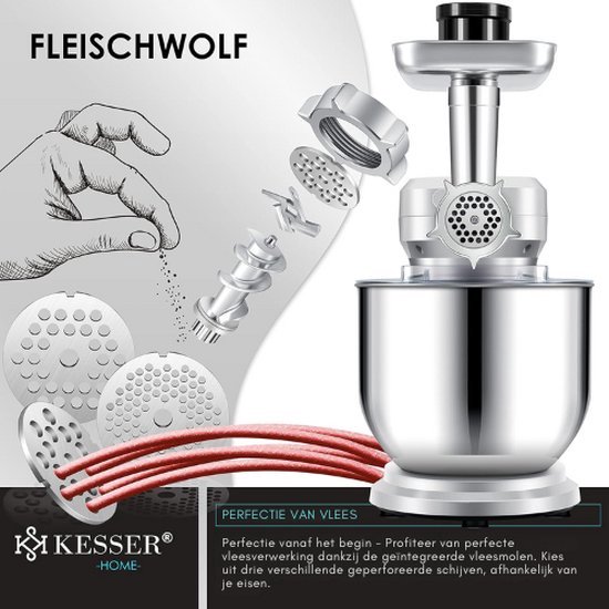 Luxe Keukenrobot - 3 in 1 Keukenmachine - Foodprocessor - Keukenmixer - Worstenmaker - Snijmachine - Raspen - Deegmachine - 1.5L - 1700W - Zilver van Luxe. — afbeelding 3