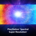 Abstracte weergave van een raster van gekleurde blokken, van rood en oranje naar blauw en paars, met een heldere lichtbron in het midden. PlayStation Spectral Super Resolution.