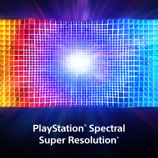 Abstracte weergave van een raster van gekleurde blokken, van rood en oranje naar blauw en paars, met een heldere lichtbron in het midden. PlayStation Spectral Super Resolution.
