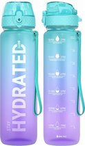 BOTC Waterfles - 1000ml - BPA vrij - Tritan - Waterfles met Rietje - Waterfles met tijdmarkering - 1 Stuk - Blauw/Paars