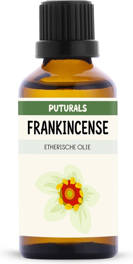 Flesje amberkleurige wierookolie van Puturals, met een label met de tekst 'FRANKINCENSE ETHERISCHE OLIE' en een bloemenafbeelding.
