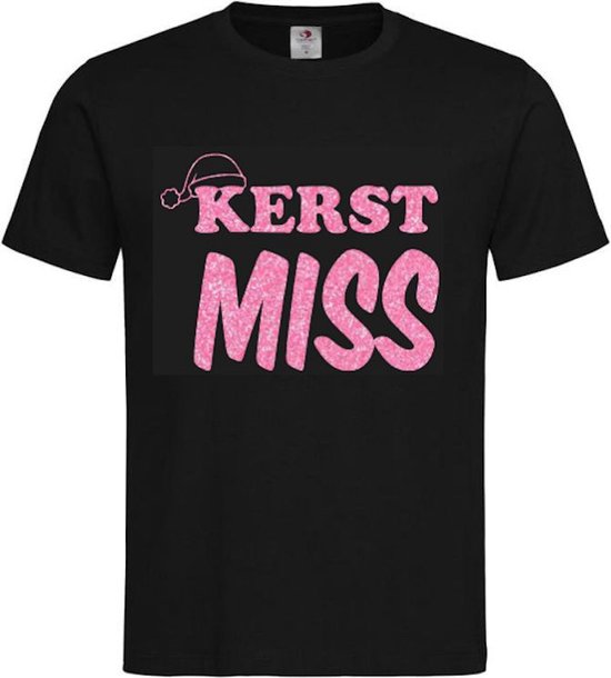 T-shirt unisexe Adultes femme texte drôle "Noël Miss" sur le devant | manche courte | Zwart/Rose PAILLETTES | taille L.