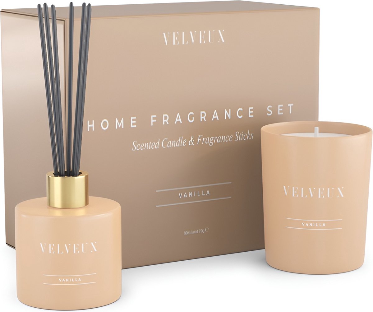 Velveux Vanille geurkaars en geurstokjes geschenkset geurkaarsen – Luxe Aroma Ervaring met Sojawas en Katoenen Lont - decoratieset - cadeau