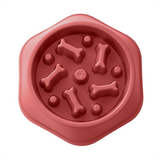 Een rode, zeshoekige voerbak met een labyrintpatroon van botjes en bollen.