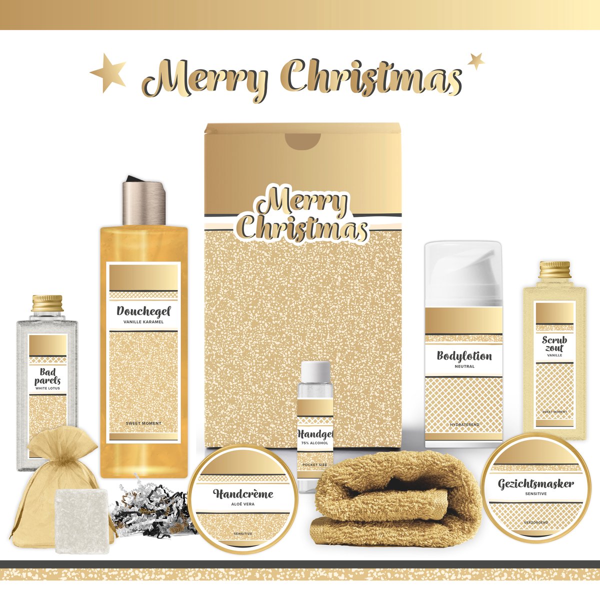 Goedkoopste Geschenkset “Merry Christmas!” - 9 producten - 850 gram | Luxe Cadeaubox voor haar - Wellness Pakket Vrouw - Giftset deluxe - Cadeaupakket - Cadeau Kerst - Kerstpakket - Verwen Gift Set - Fijne Kerstdagen Pakket - Collega - Werknemer - Bedrijf - Goud