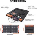 Specificaties van een opgevouwen Jackery zonnepaneel met twee opgeladen telefoons en een tablet. Afmetingen worden getoond.