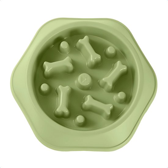Een mintgroene JAXY slowfeeder met botvormige obstakels.