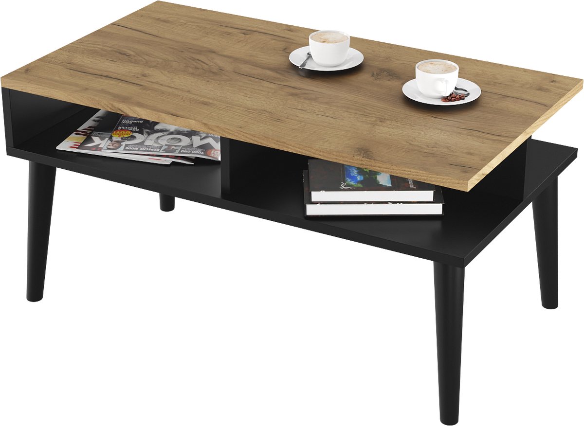 BOGATECO Salontafel met 2 Opbergplanken - 90 x 50 x 45 cm - Sofatafel met Houten Poten - Moderne Woonkamertafel - Stabiele Constructie