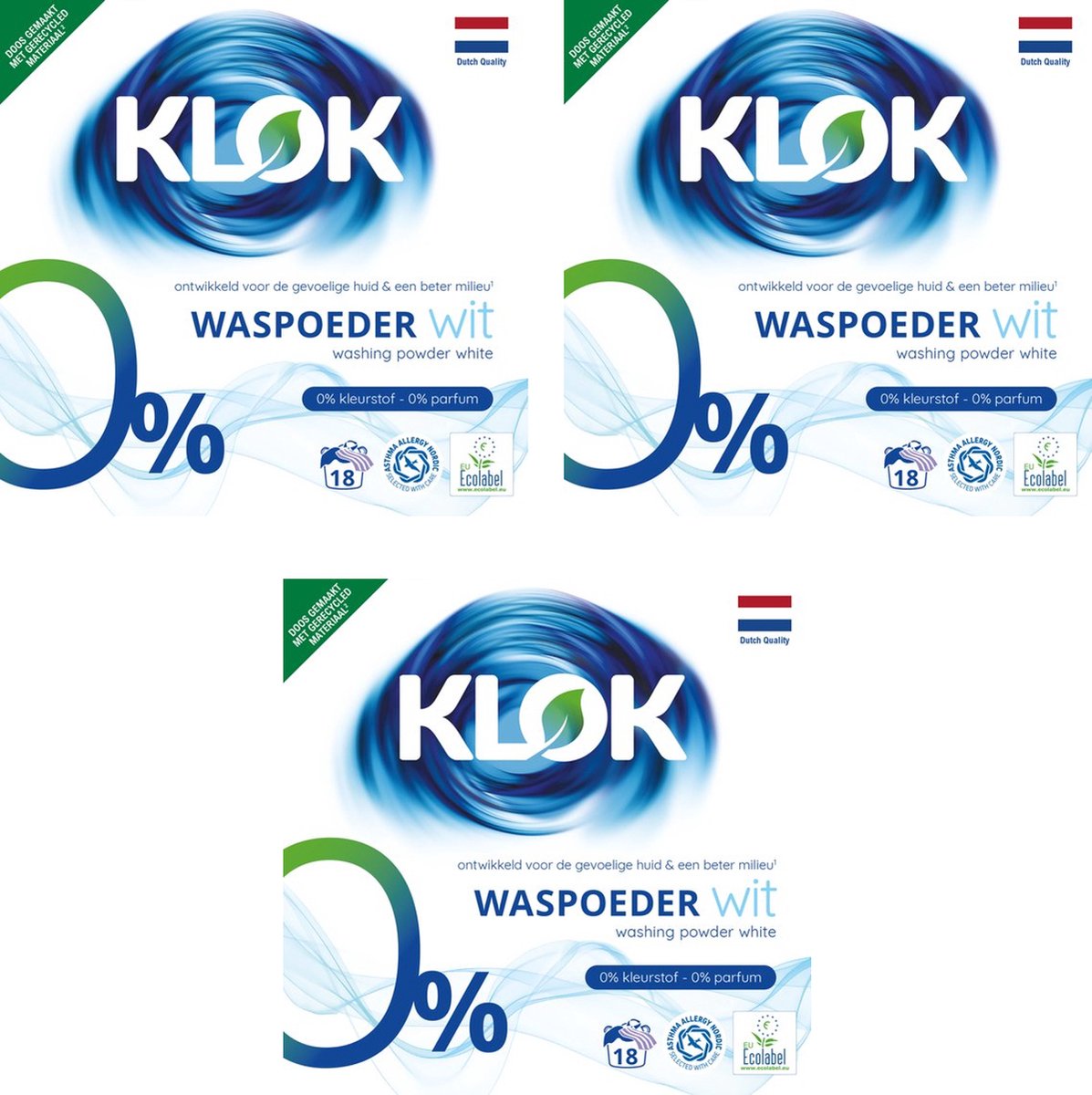 3 x Klok Waspoeder Eco Wit 18 Wasbeurten 1,17 kg