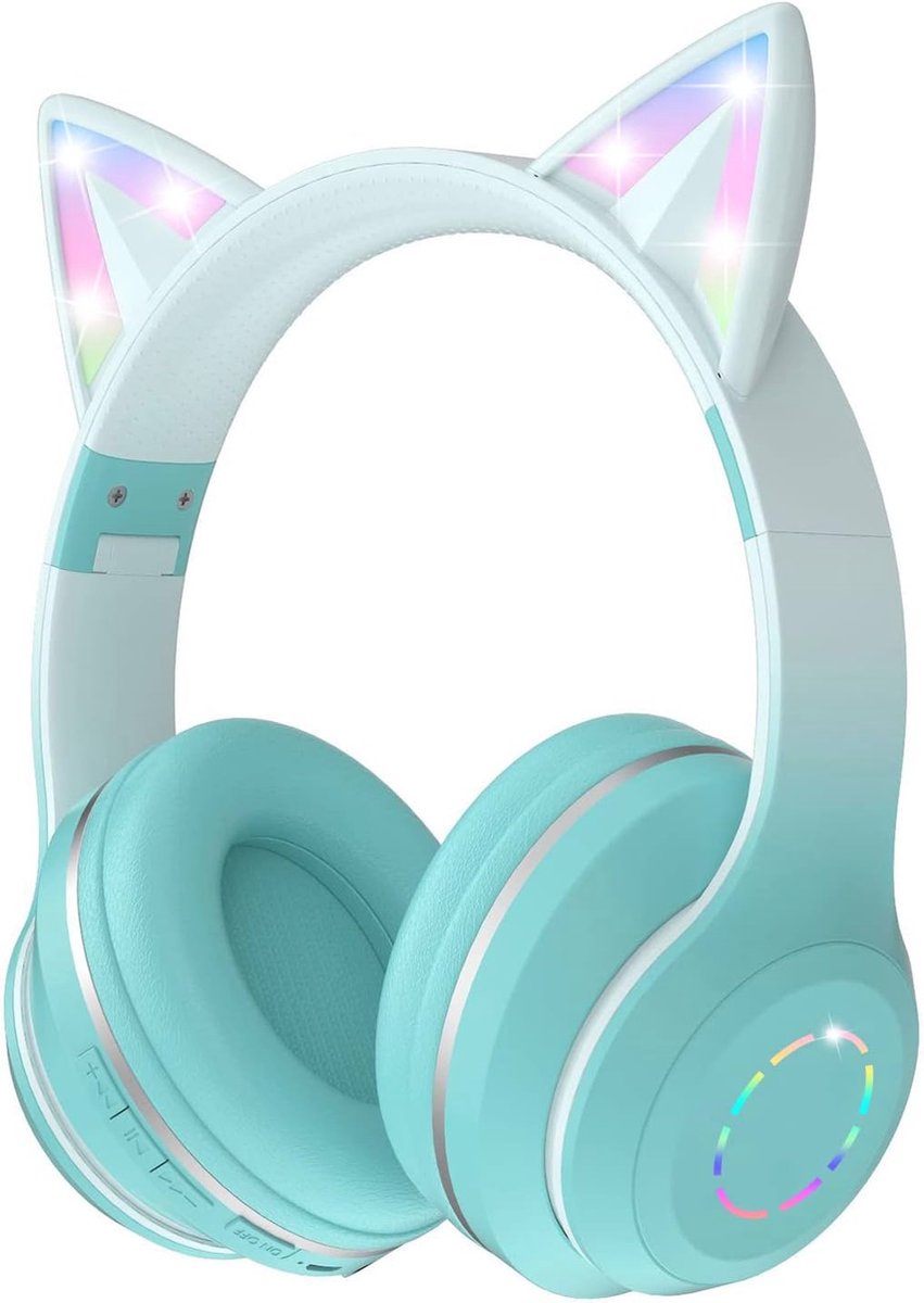 Draadloze Kinderen Hoofdtelefoon met Kattenoren en Microfoon - Opvouwbaar en LED Licht