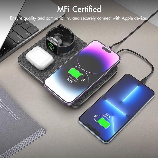 Draadloze Oplader 3 in 1 voor Mobiele Telefoons, Smartwatch en AirPods — afbeelding 2