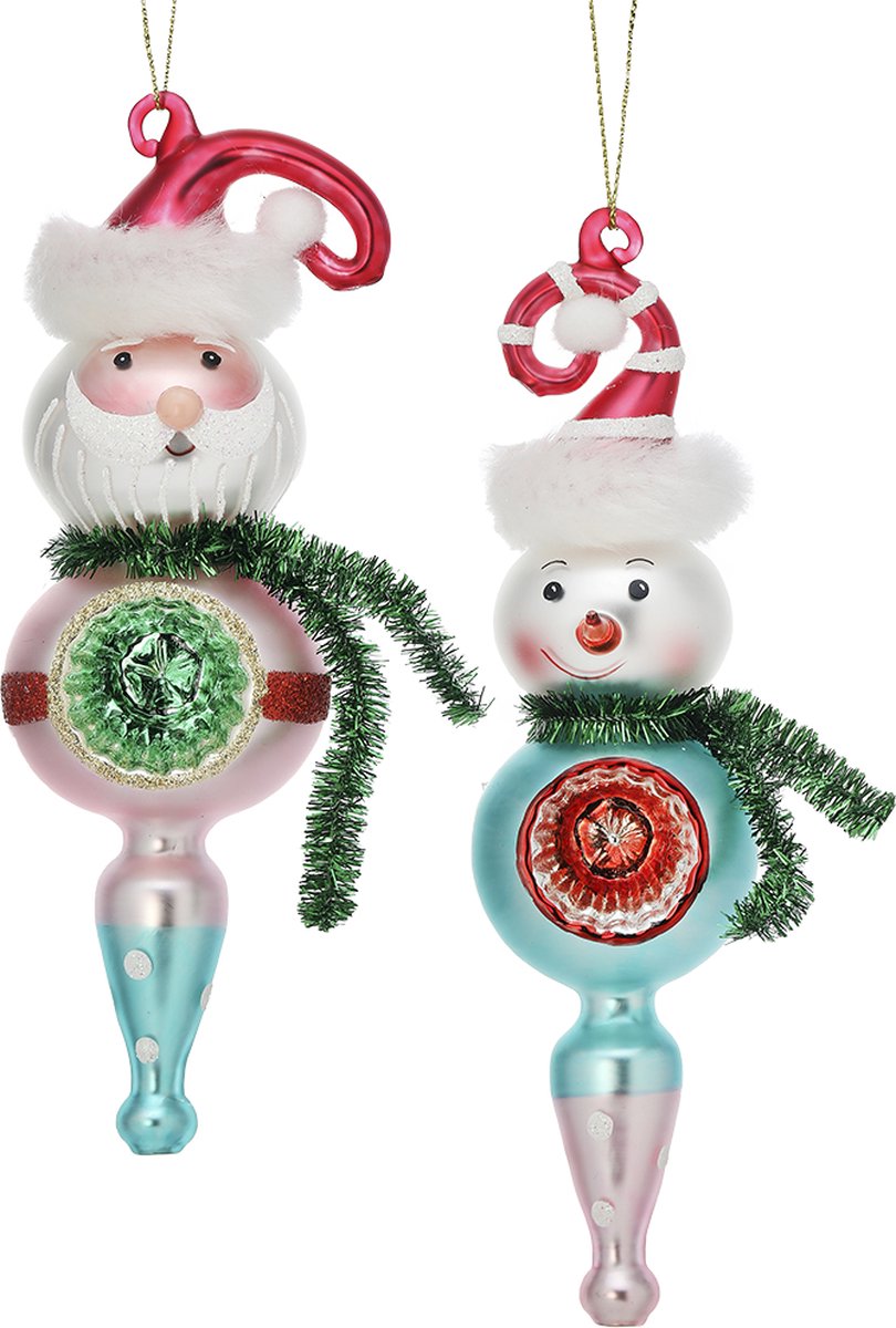 Viv! Christmas Kerstornament - Kerstman en Sneeuwpop Vintage Glas Reflector - set van 2 - glas - blauw roze - 17cm