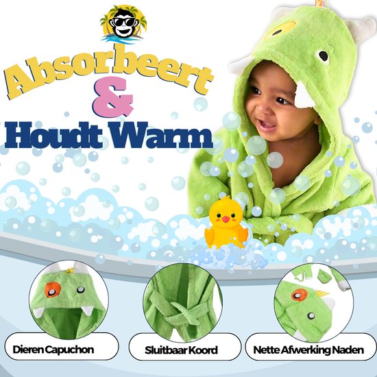BoefieBoef Monster Kinder Badjas Baby & Peuter 0-2 Jaar (Max 85 cm) - Zacht Katoen Badstof met Dieren Capuchon - Absorberende Ochtendjas Handdoek voor Jongens & Meisjes - Zwemles, Carnaval, Verjaardag & Kraamcadeau - Perfect na Bad & Zwemmen - Groen van BoefieBoef — afbeelding 3