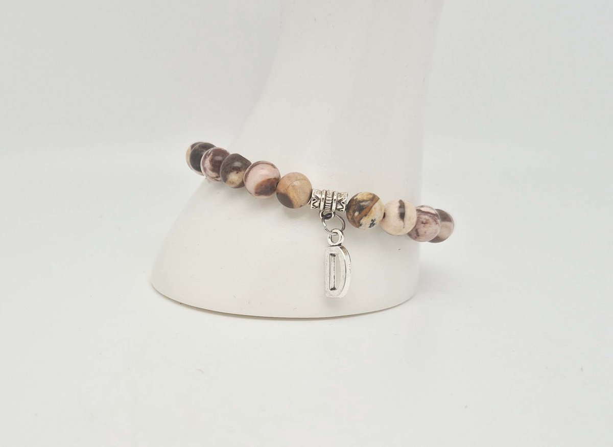 Handgemaakte "Letters" natuursteen armband met natuursteen "Letters" " Australia zebra jasper" -8 mm diameter van de korrel- Diameter armband 20 cm - Kies je favoriete letters- Een mooi cadeau voor familie en vrienden