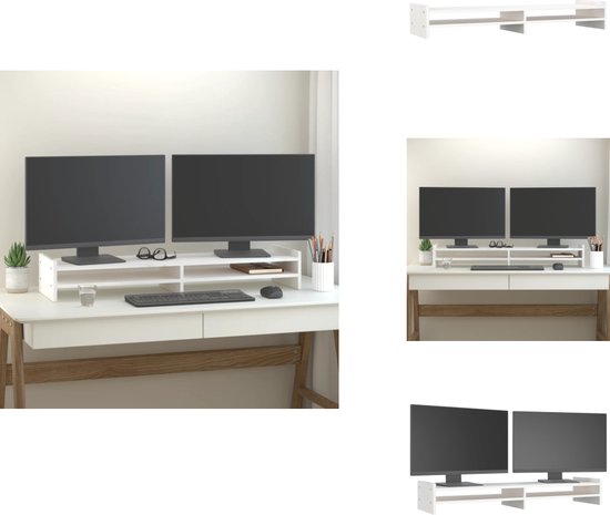 Supporto Per Monitor In Legno Di Pino - 100x27x15 Cm, Bianco, Per TV, PC E Desktop - Foto 3