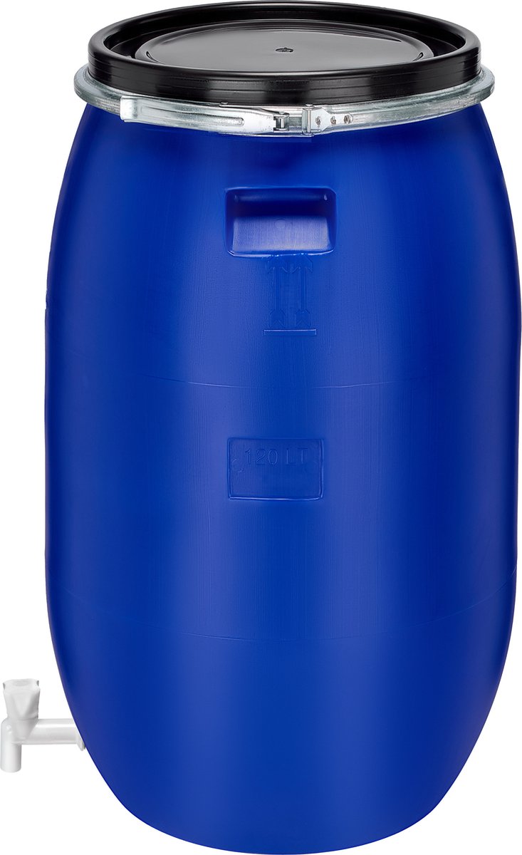 Garronda 120l Kunststof Trommel Met Deksel – Regenton met Kraan - Vat - HDPE - Voedselvat - Tuin Hobbock – Blauw - GD-STE-BarrelP