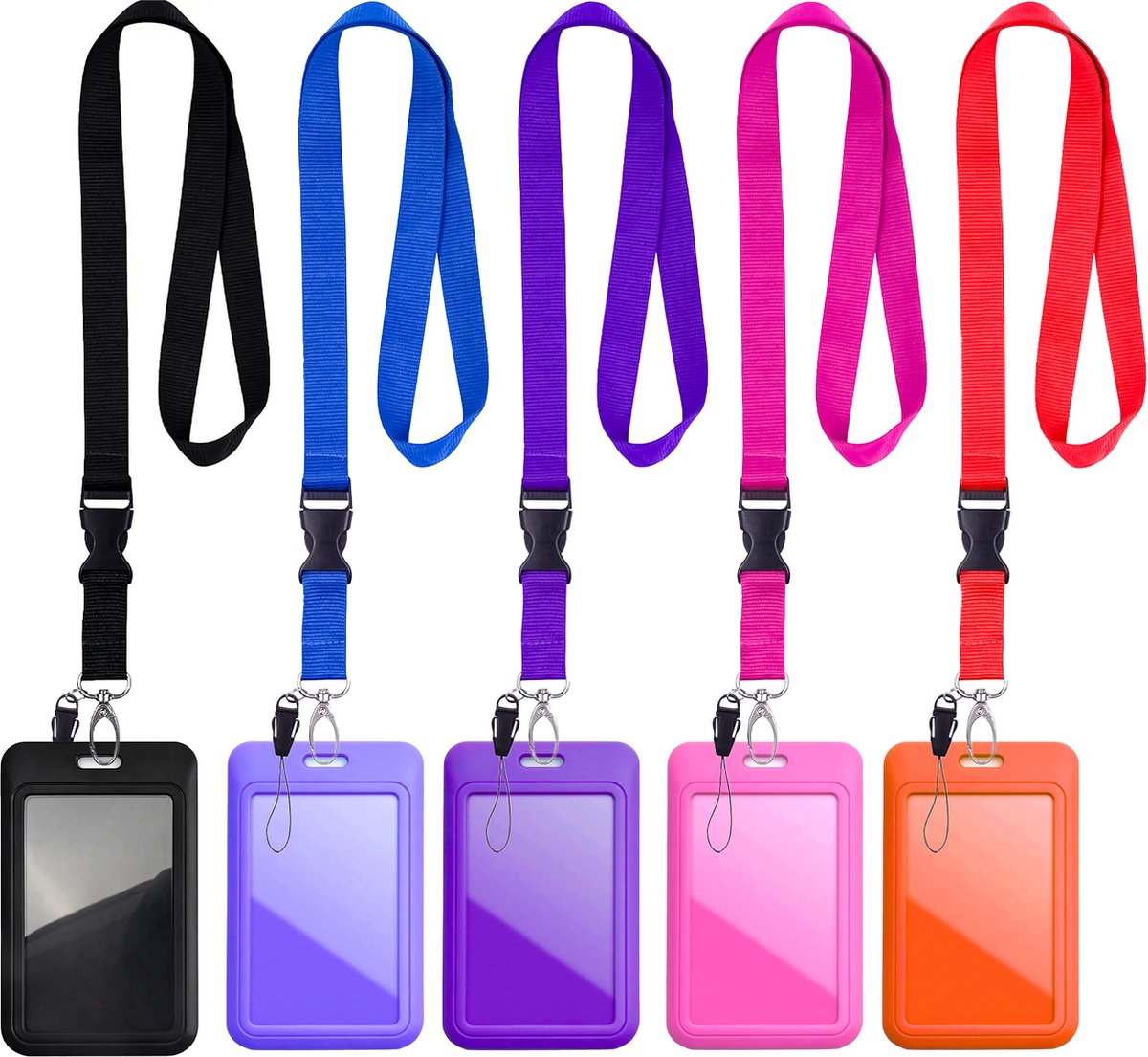5 Stuks Afneembaar Lanyard Sleutelhangers met 5 ABS Badgehouders - Zwart Nekkoord - Keycord Pashouder - Kaarthouder met Keykoord - Badge Houder voor Kaart/Sleutels - Telefoon/GSM Koord - Sleutelkoord - Universeel ID Pashouder - Telefoonkoord