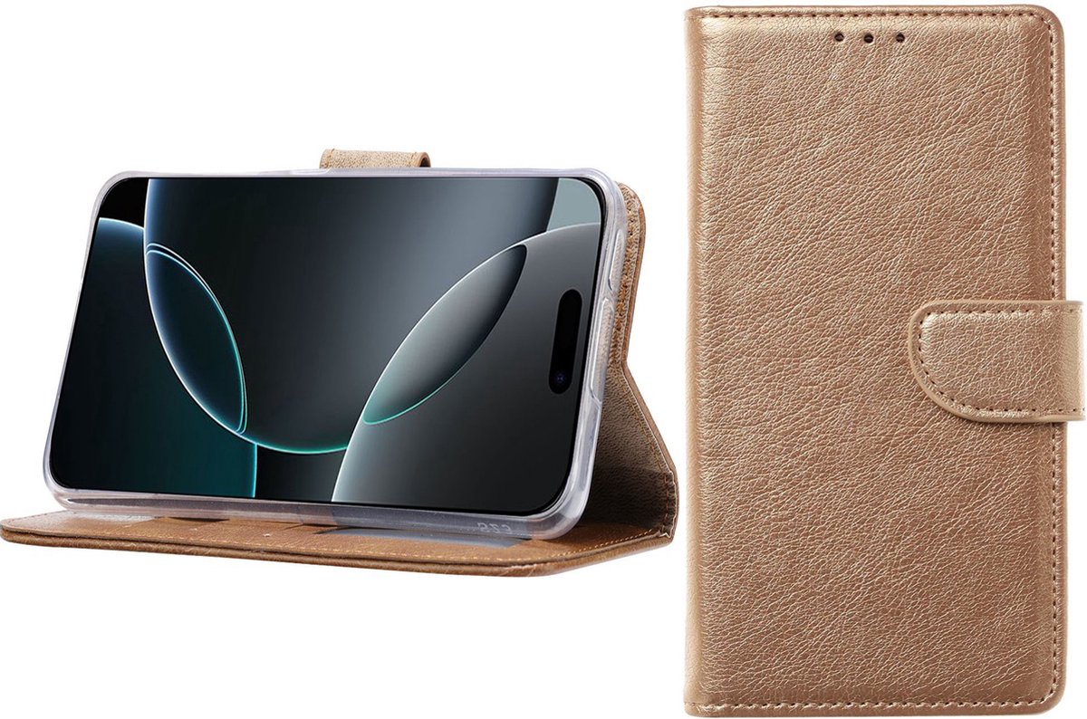 BixB Hoesje Geschikt voor iPhone 16 Pro – portemonnee bookcase met pasjeshouder - Goud