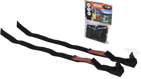 Twee zwarte spanbanden met bruine leren versterking en zwarte haken. Verpakking met 2x en 40cm.