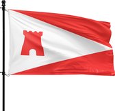Wapperende Etten-Leur gemeentevlag in rood en wit met een rood kasteel-icoon.