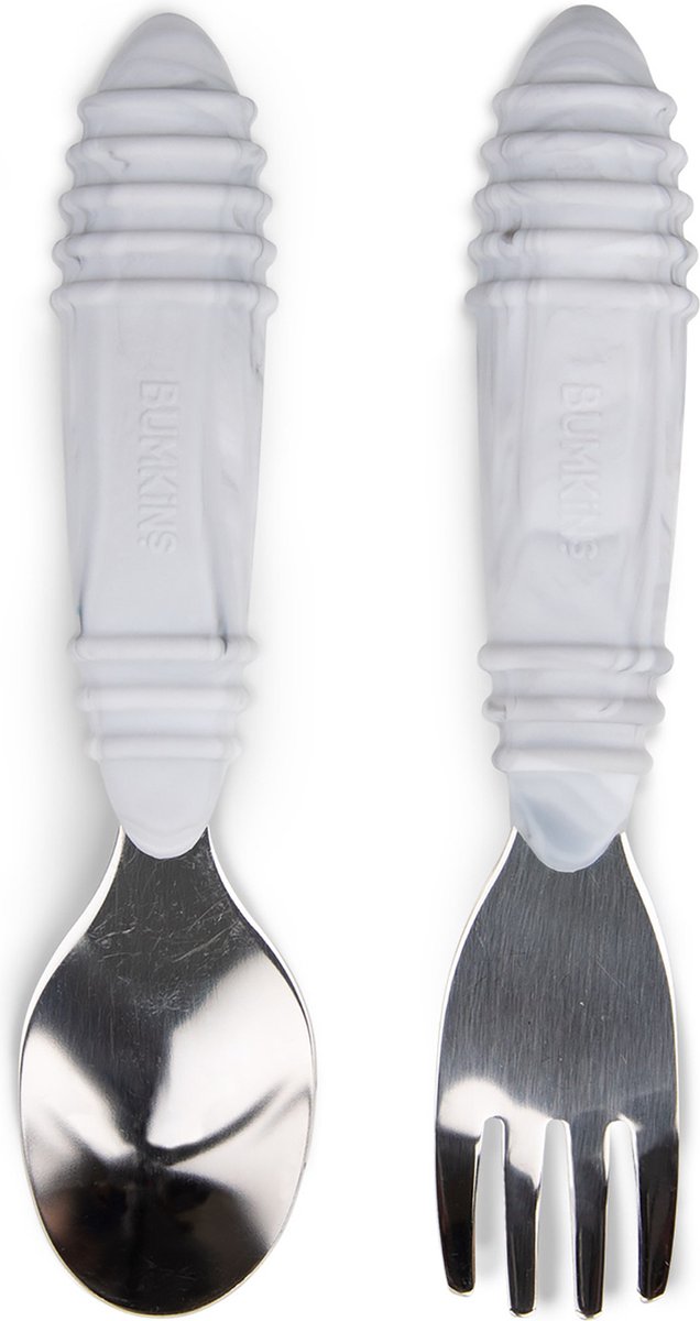 Goedkoopste Bumkins - kinderbestek 2-delig, lepel en vork - rvs en siliconen - marmer